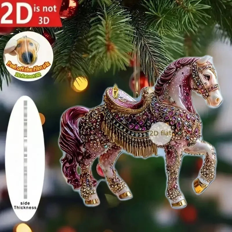 2D Acrylic Horse Car Rearview Mirror Pendant Charm Christmas Tree Ornament Party New Year Hanging Decoration Drop Ornaments