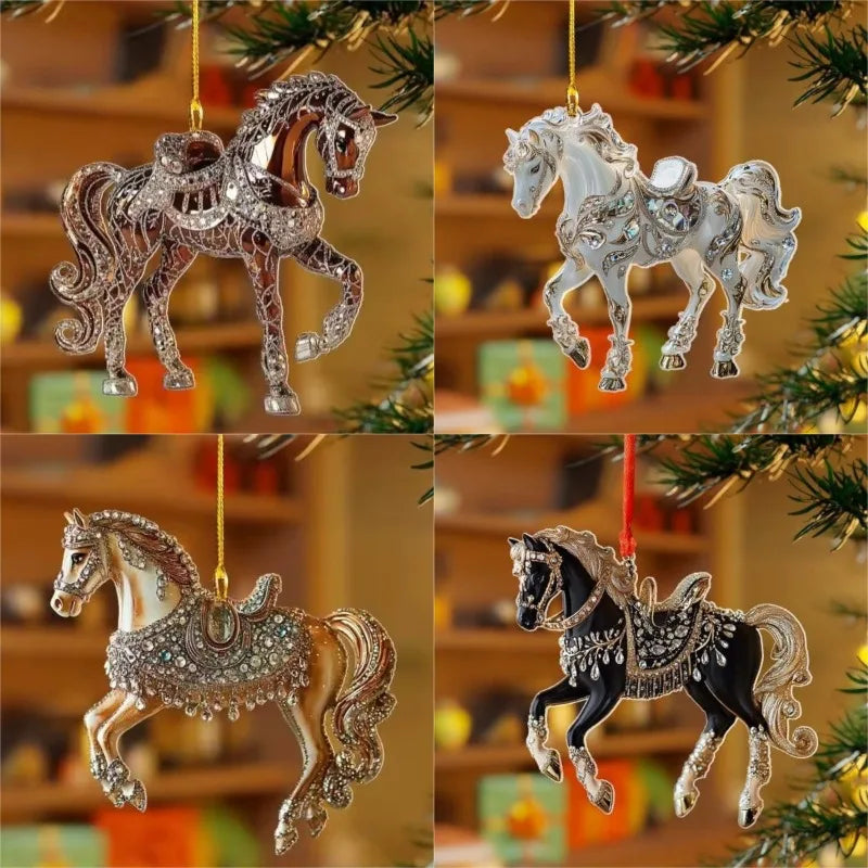 2D Acrylic Horse Car Rearview Mirror Pendant Charm Christmas Tree Ornament Party New Year Hanging Decoration Drop Ornaments